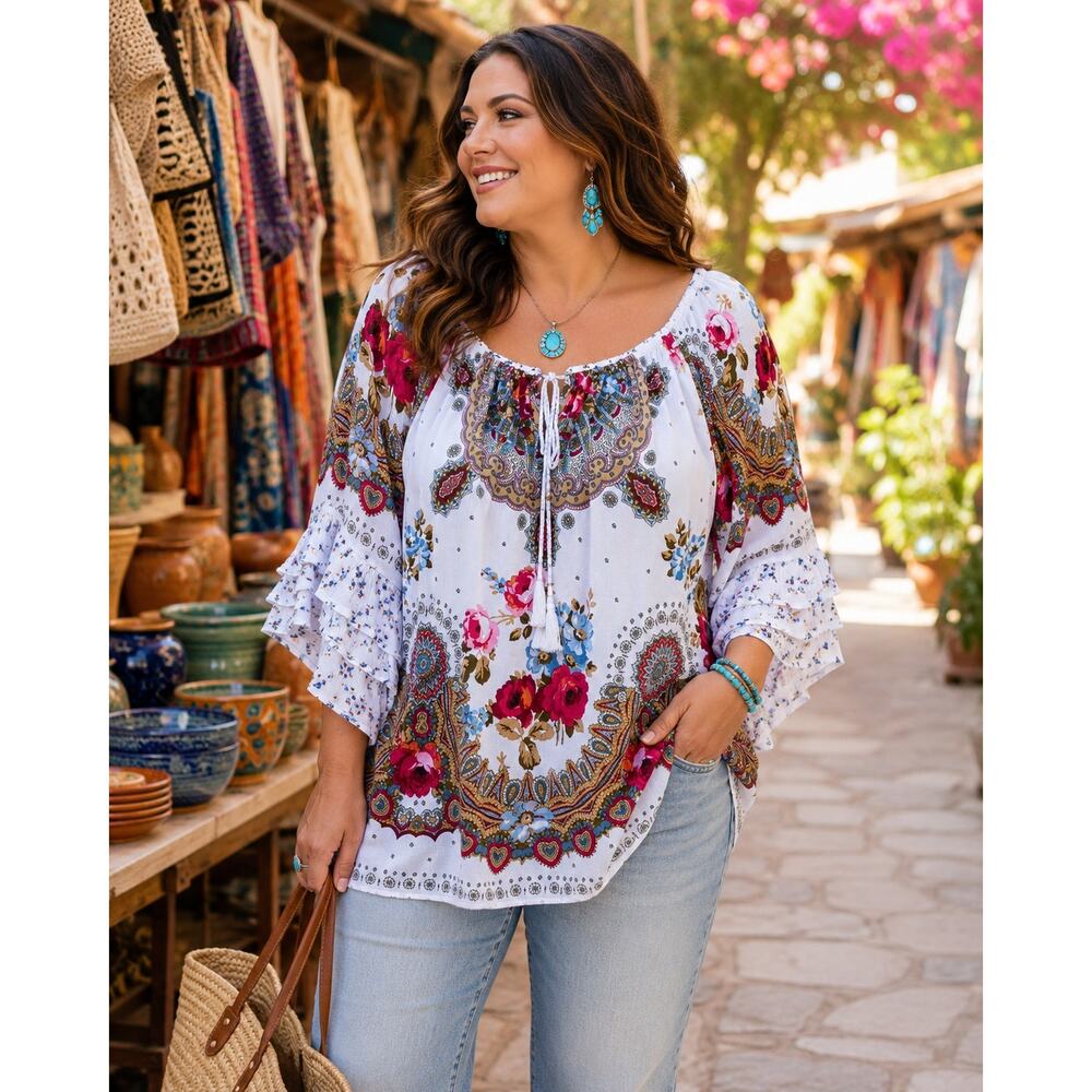 Bila XXL Boho Peasant Blouse Floral Paisley Bell Sleeve Rayon Festival Top White